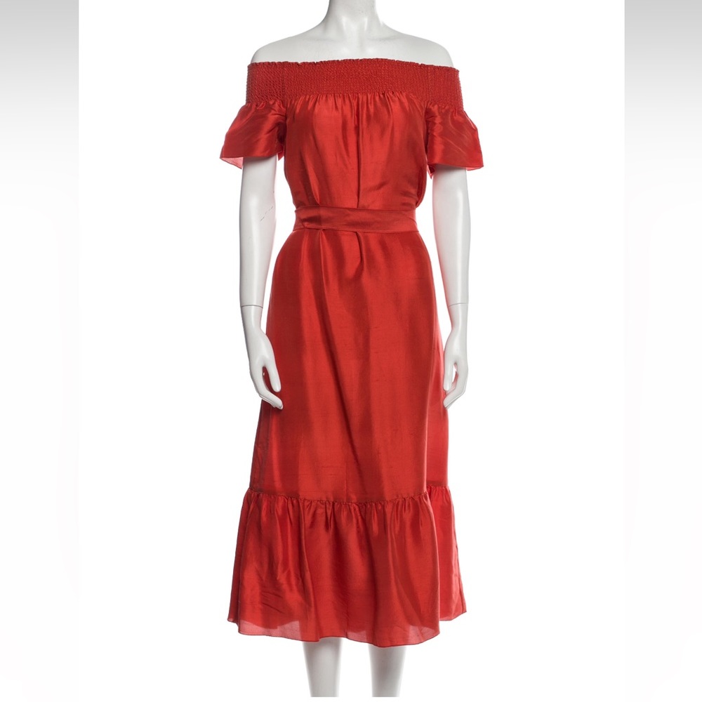 Tory Burch Red Coral Silk Off The Shoulder Midi Dress